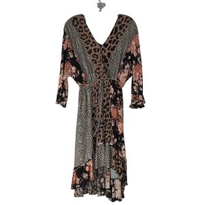GiGio Midi Hi Low Dress Women's S Brown Pink Floral Leopard Ruffles Boho A line